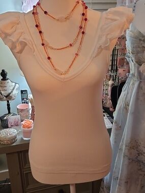 Old Navy White Ribbed V-Neck Tank with Ruffle Cap Sleeves